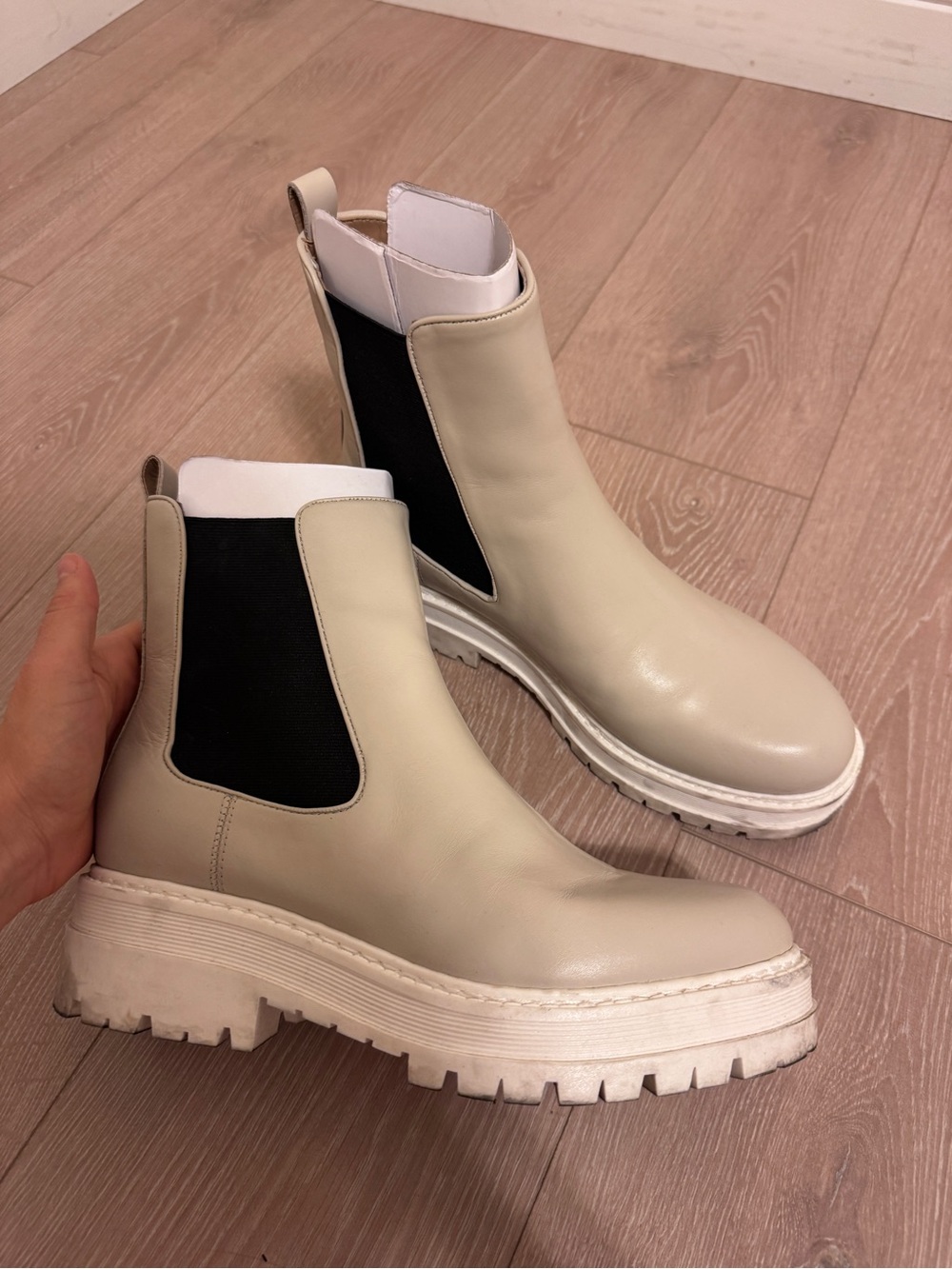 Marc Fisher Cream Chelsea Lug Sole Ankle Boots with Black Elastic